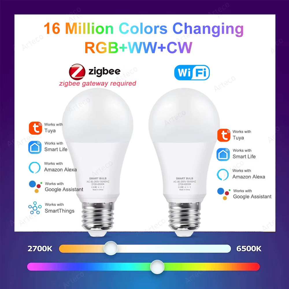 Tuya Wifi Smart Bulb Alexa Lamp 15W 18W Zigbee E27 RGB WW CW Smart Led Light Bulbs for Google Assistant Smart Life App Home Deco