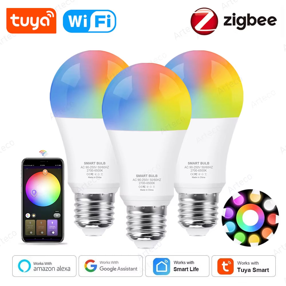 Tuya Wifi Smart Bulb Alexa Lamp 15W 18W Zigbee E27 RGB WW CW Smart Led Light Bulbs for Google Assistant Smart Life App Home Deco