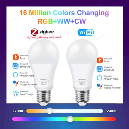 Tuya Wifi Smart Bulb Alexa Lamp 15W 18W Zigbee E27 RGB WW CW Smart Led Light Bulbs for Google Assistant Smart Life App Home Deco